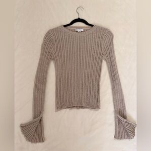 Ribbed Crewneck Sweater with Flared Cuffs in Taupe